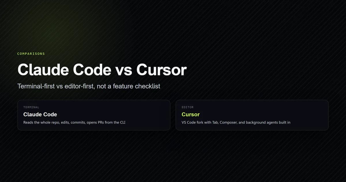 Two labeled panes contrasting Claude Code's terminal workflow with Cursor's editor workflow